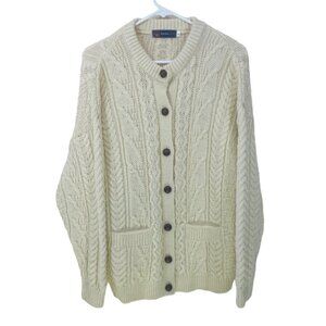 British Wool Naturally Sz L LCream Chunky Fisherman Cable Wool Cardigan Sweater